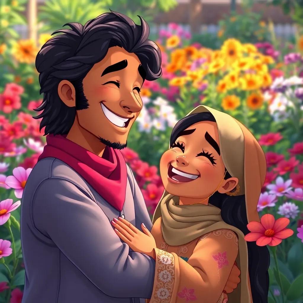 Youssef finally finding Leila in a garden, joyful reunion with warm smiles, colorful garden in the background, detailed art, vibrant and uplifting, high quality