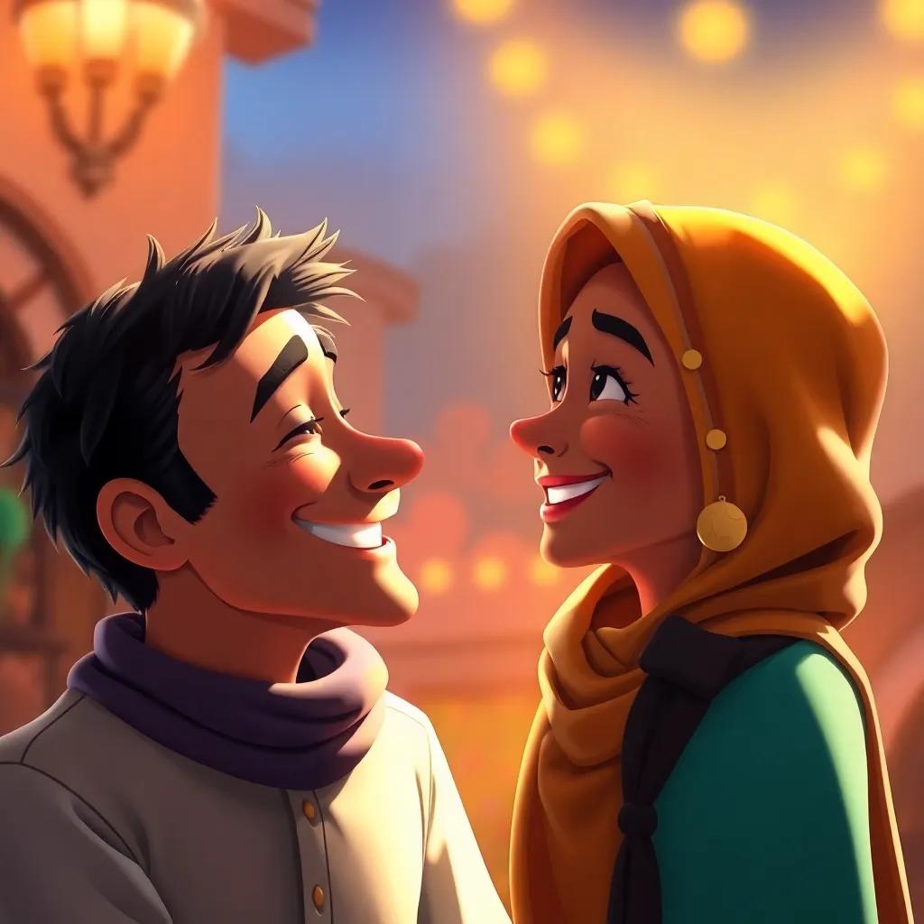 Youssef and Leila smiling at each other, warm light around them, a beautiful friendship depicted, colorful, cheerful scene, detailed art, inviting atmosphere