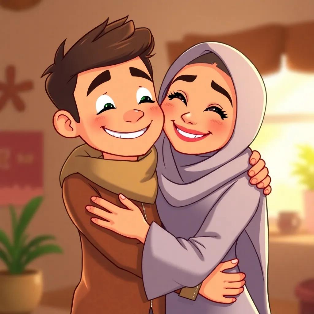 A cheerful scene portraying Youssef and Leila together in a warm, friendly hug, bright colors, detailed illustration, conveying love and friendship, high quality