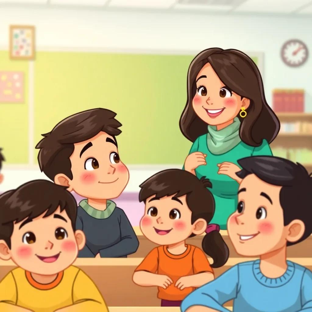 A classroom with diverse children, including a boy named Ahmad looking thoughtful, a caring teacher named Maryam guiding them with a warm smile, digital illustration, bright colors, friendly atmosphere, high quality