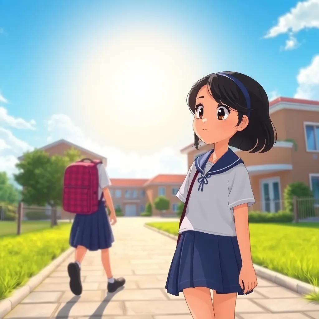 A young girl, Shahd, with dark hair wearing a school uniform, walking towards her school with a bright blue sky and sun shining, digital art, cheerful atmosphere, daytime, high quality