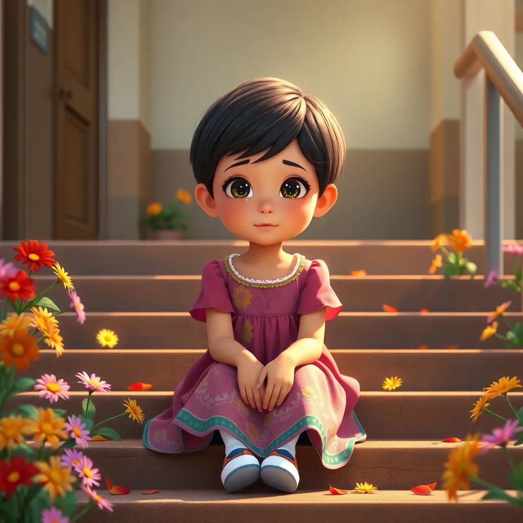 A young girl, Fajr, with short hair wearing a colorful dress, sitting on the school steps with tears in her eyes, colorful flowers around, gentle lighting, warm colors, emotional scene, high quality
