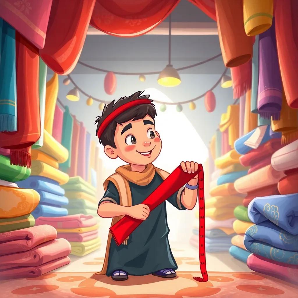 A young Arab boy, Tarek, measuring a red piece of fabric in a busy fabric shop, surrounded by colorful fabrics, joyful atmosphere, digital art, vibrant colors, warm light, high quality