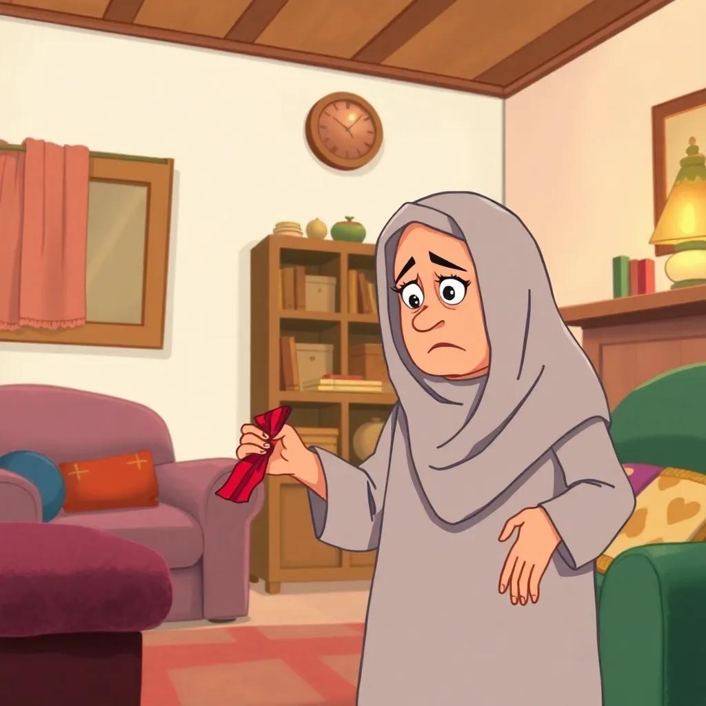 An Arab woman, Tarek's mother, looking angrily at a small piece of red fabric in her living room, with a puzzled expression on her face, cozy environment, illustration, emotional, soft colors, storytelling view