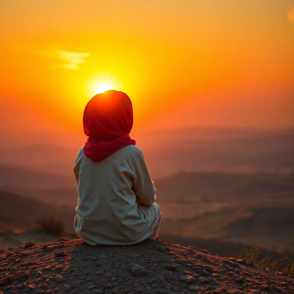 A young Arab child, sitting on a hilltop with their back to the sunset, golden sun shining, vibrant sky with shades of orange and pink, digital art, warm colors, peaceful scene, high quality