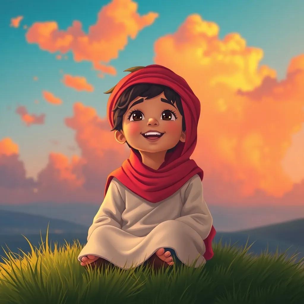 A young Arab child sitting on a grassy hilltop, admiring the sunset colors, clouds glowing in orange and pink, joyful expression, illustration, bright and cheerful, captivating perspective, child-friendly