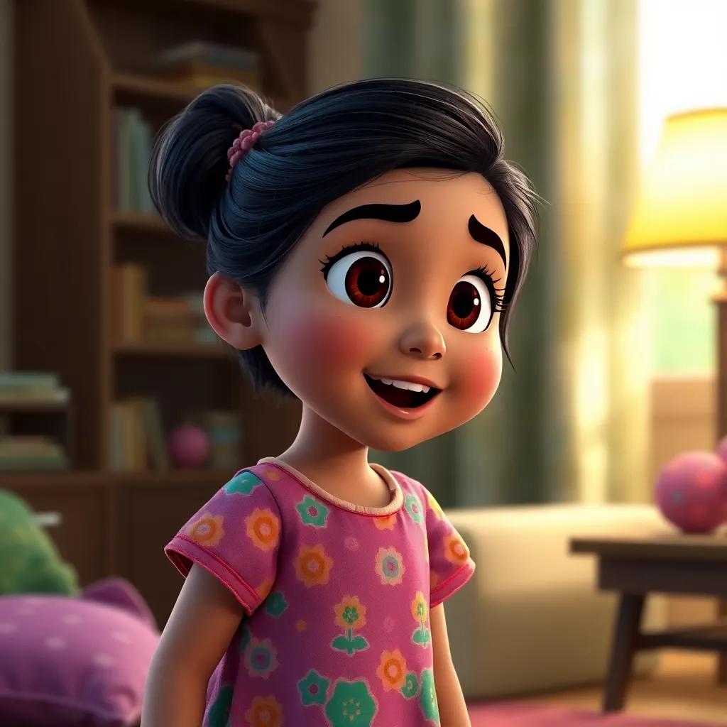 A young girl named Salma, wearing a colorful dress, looking excited while speaking to her mother in a cozy room with soft lighting, digital art, warm colors, inviting atmosphere, high quality