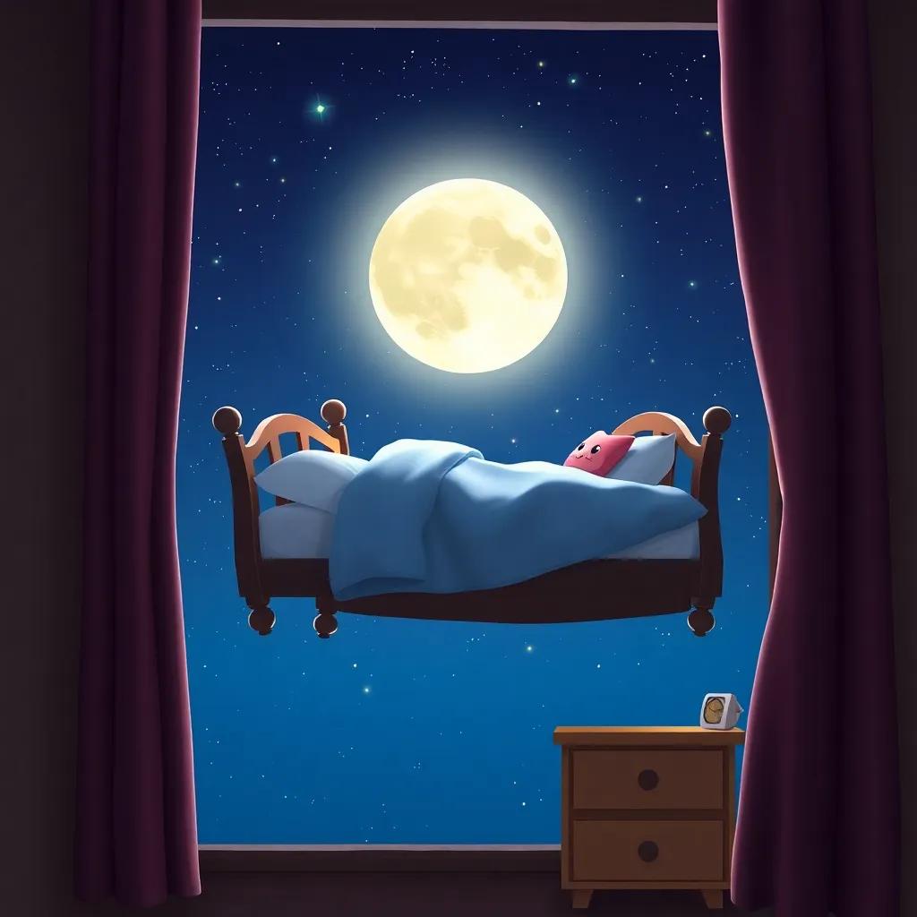 Salma's bed flying out of her window, with the moon guiding it through a starry sky, playful and adventurous feeling, digital art, bright colors, high quality