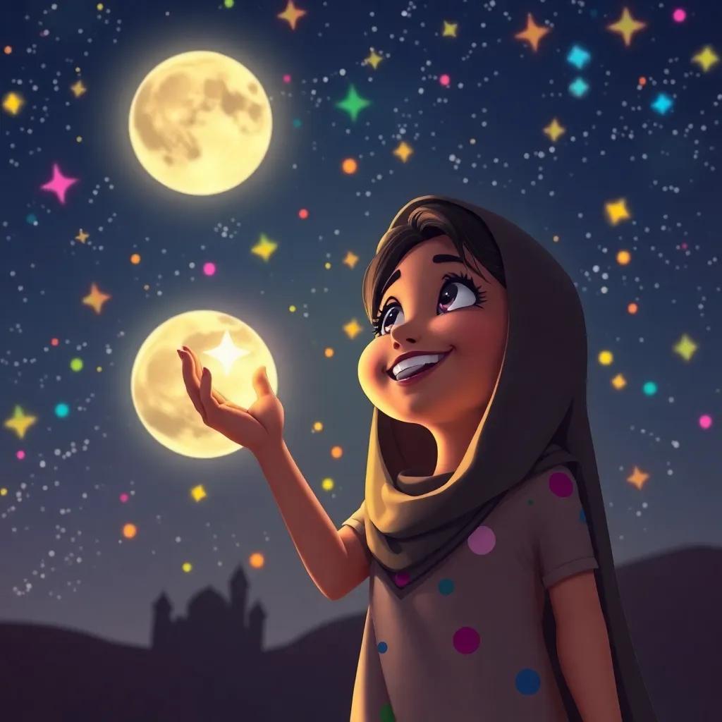 Salma joyfully observing the stars with the moon beside her, colorful twinkling stars in the sky, imaginative scene, digital art, vibrant, high quality