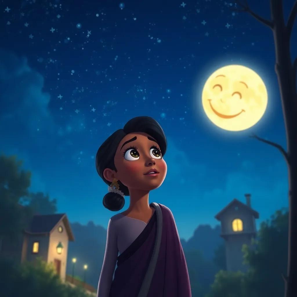 Salma looking at her distant home from the sky, surprised expression with the moon smiling beside her, magical nighttime scene, digital art, rich colors, high quality