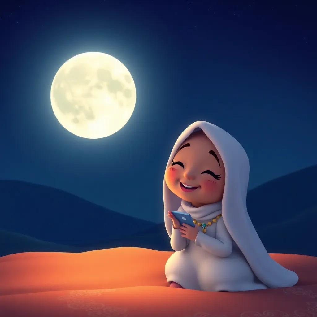 The moon advising Salma to go to bed, both smiling, calming atmosphere with soft glowing light, digital art, warm and friendly, high quality