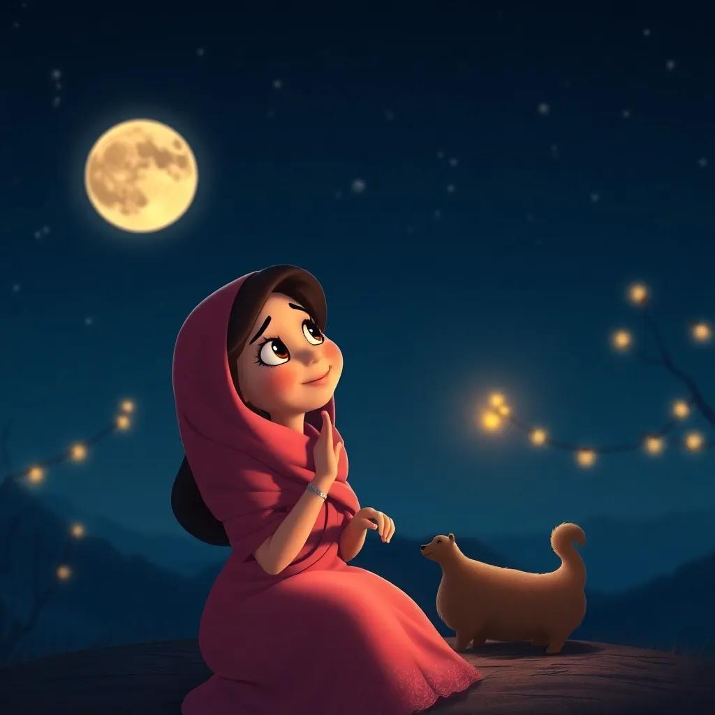 Salma saying goodbye to the moon, cozy night setting, warm farewell, digital art, tender and heartwarming, high quality