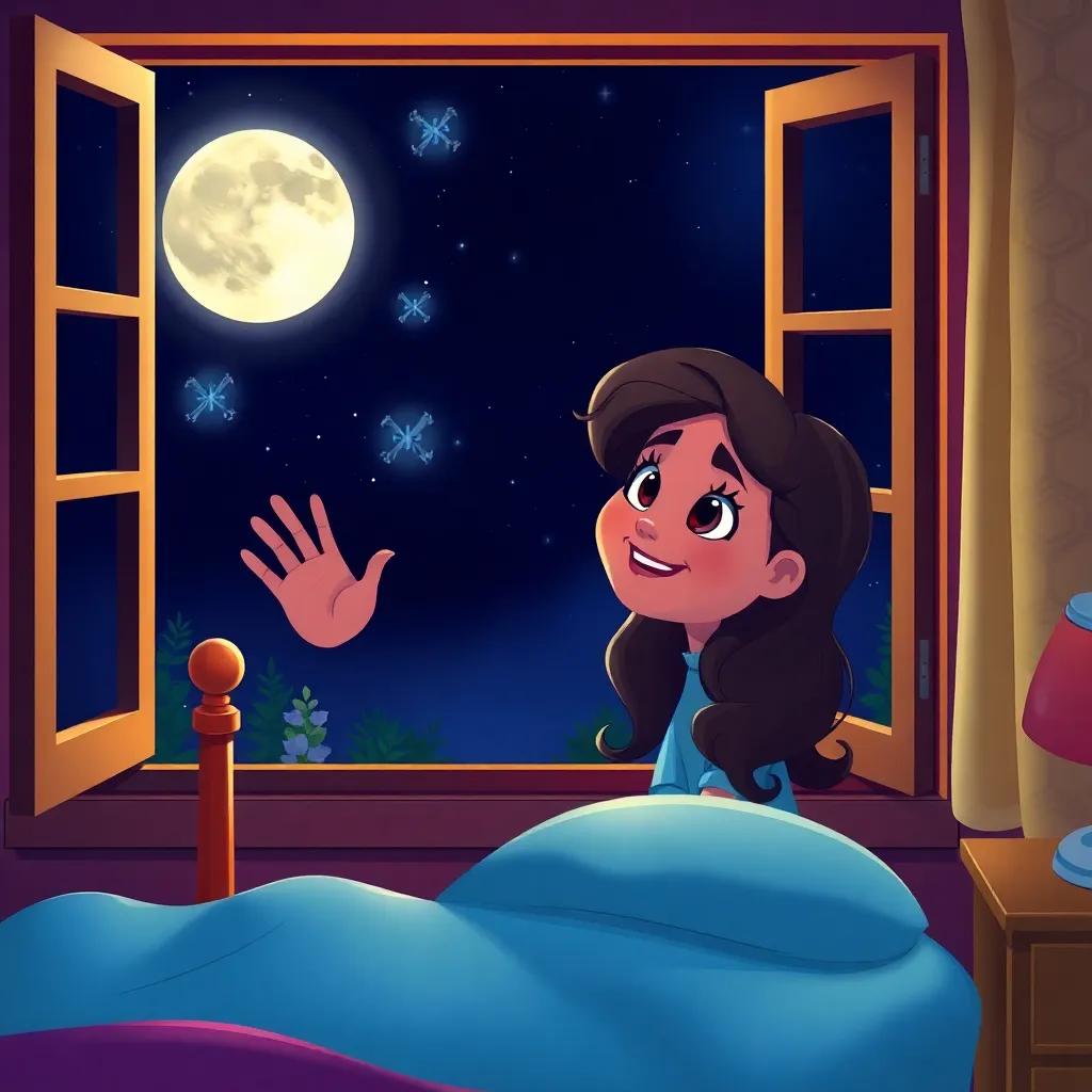 Salma waving up at the moon from her bedroom window, feeling a mix of joy and sadness, whimsical night scene, digital art, bright colors, high quality