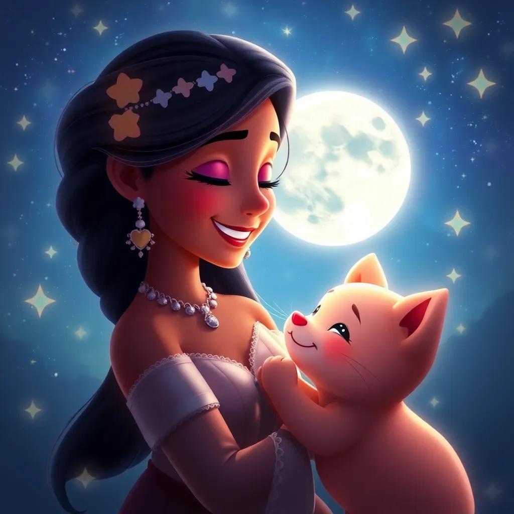 Salma and the moon smiling at each other, surrounded by stars, magical and peaceful atmosphere, digital art, enchanting, high quality