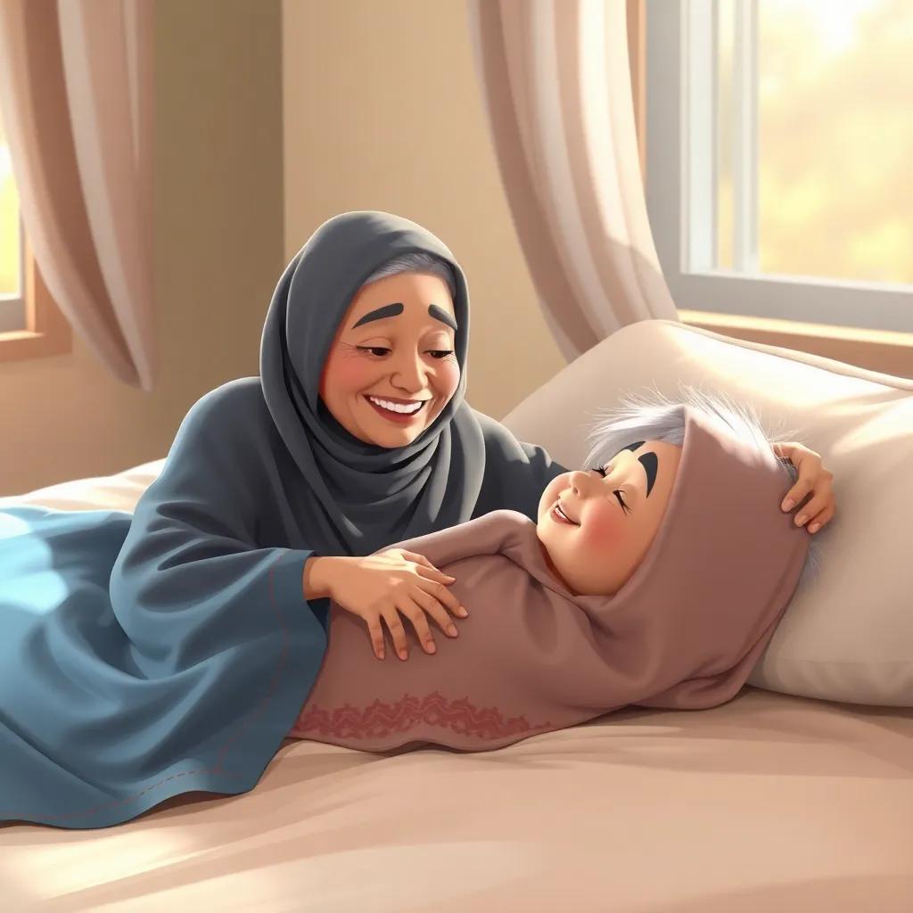 An elderly Arab woman lying on the bed, smiling warmly at her granddaughter Qamar, with soft afternoon light coming through the window, cozy and loving environment, illustration, heartwarming scene, high quality.