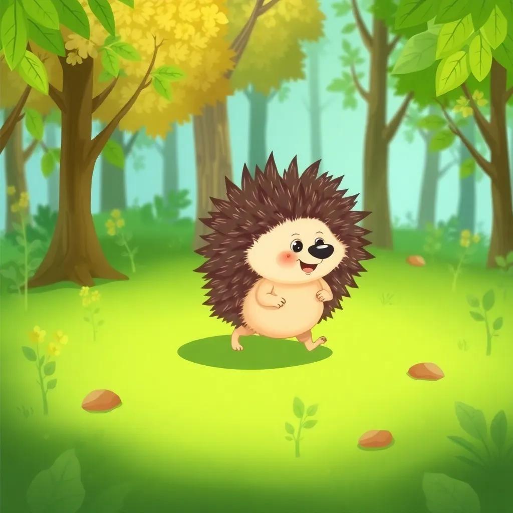 A small, friendly hedgehog named Qanfoudou with soft quills, walking happily in a peaceful green forest, digital art, vibrant colors, cheerful atmosphere, high quality