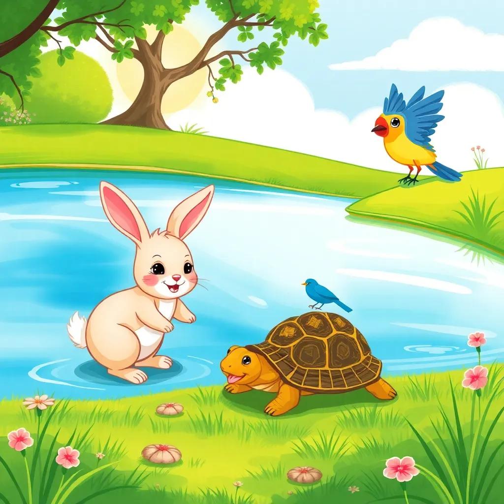 A small happy rabbit, turtle, and colorful bird playing near a lake, with Qanfoudou the hedgehog approaching them, bright and sunny, playful scene, high quality