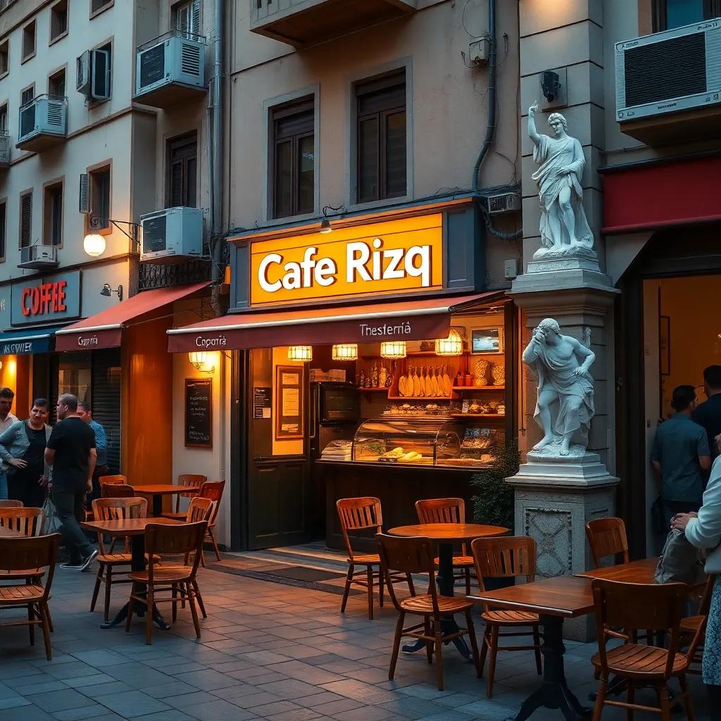 A busy street in Shubra with a small local coffee shop called 'Cafe Rizq', featuring wooden chairs and tables scattered around, the aroma of freshly brewed coffee filling the air, people chatting happily, digital art, warm colors, inviting atmosphere, high quality