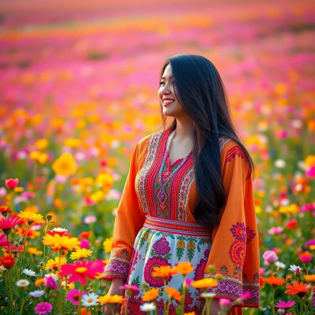 A brave Arab woman, Leila, with long dark hair wearing a traditional colorful dress, standing in a vibrant field full of flowers, talking joyfully to them, digital art, bright colors, warm light, cheerful atmosphere, high quality