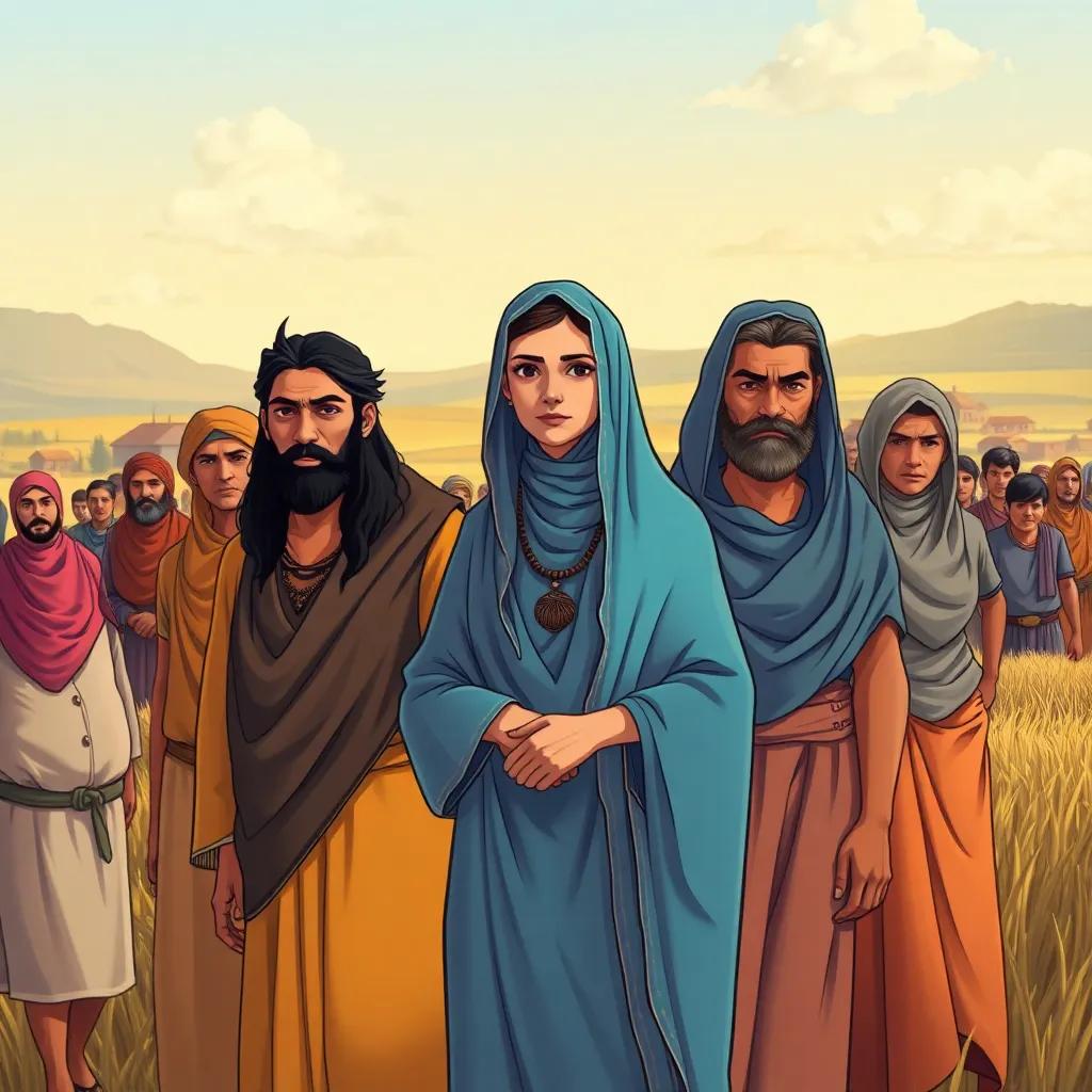 A group of villagers, including Leila, standing together defiantly against angry men, with determination and unity in their expressions, backdrop of a village and fields, illustration, inspiring, warm colors, community spirit, high quality