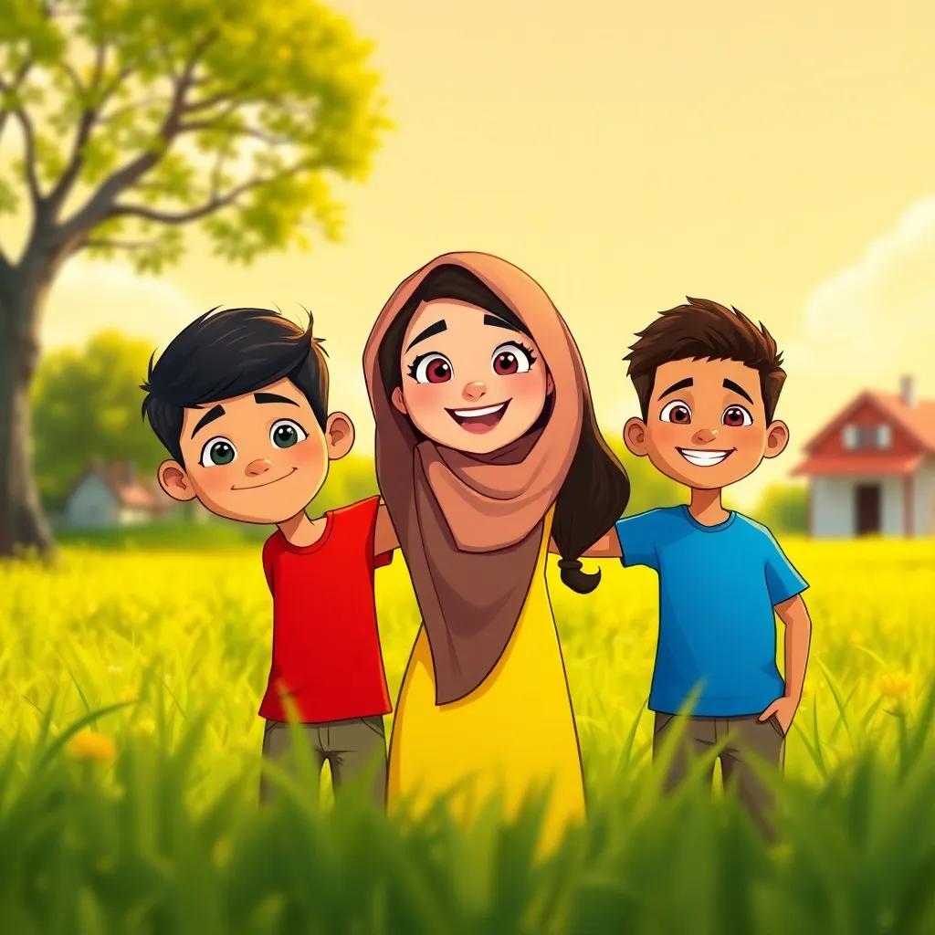 Three friends, Sami, Fatima, and Ali, standing together in a sunny village field, smiling and animated, with Sami depicted as an Asian boy wearing a red shirt, Fatima as an Arab girl with long black hair in a yellow dress, and Ali as a Hispanic boy in a blue t-shirt, cheerful and energetic, digital art, vibrant colors, sunny atmosphere, storytelling perspective, high quality