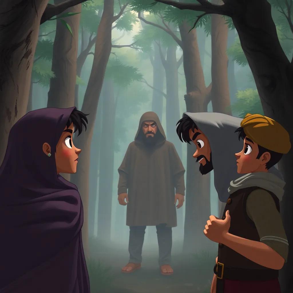 Sami, Fatima, and Ali, facing a mysterious man in the woods, with trees around them, the man looks worried, Sami is excited, Fatima is listening intently, and Ali looks adventurous, digital painting, deep colors, tense atmosphere, story development perspective, high quality