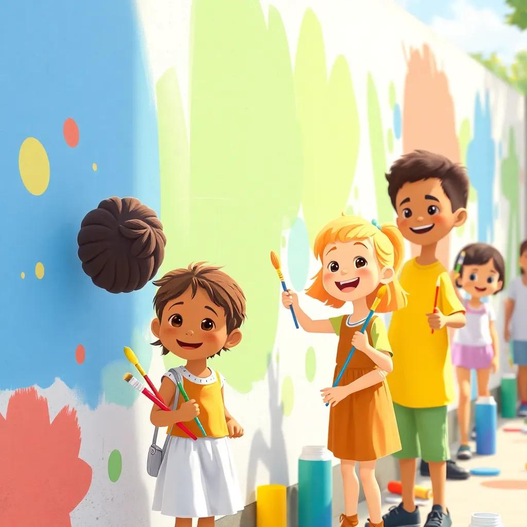 A group of children, with diverse backgrounds, happily painting on a large wall, colorful paints and brushes in their hands, a sunny day, joyful atmosphere, bright colors, illustration, child-friendly, high quality