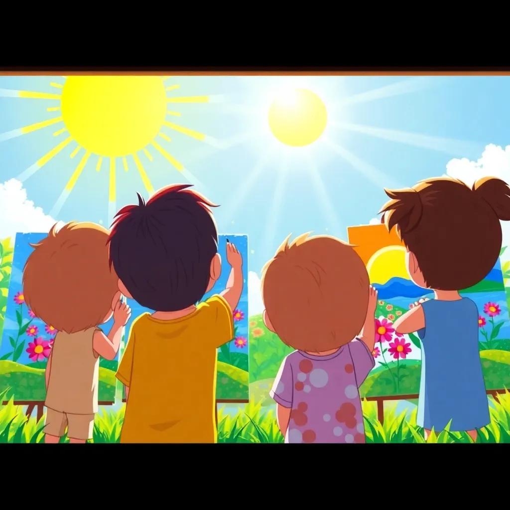 A beautiful sun shining over the children, their paintings visible in the background, depicting flowers and a colorful landscape, vibrant summer light, cheerful scene, cartoonish style, high quality