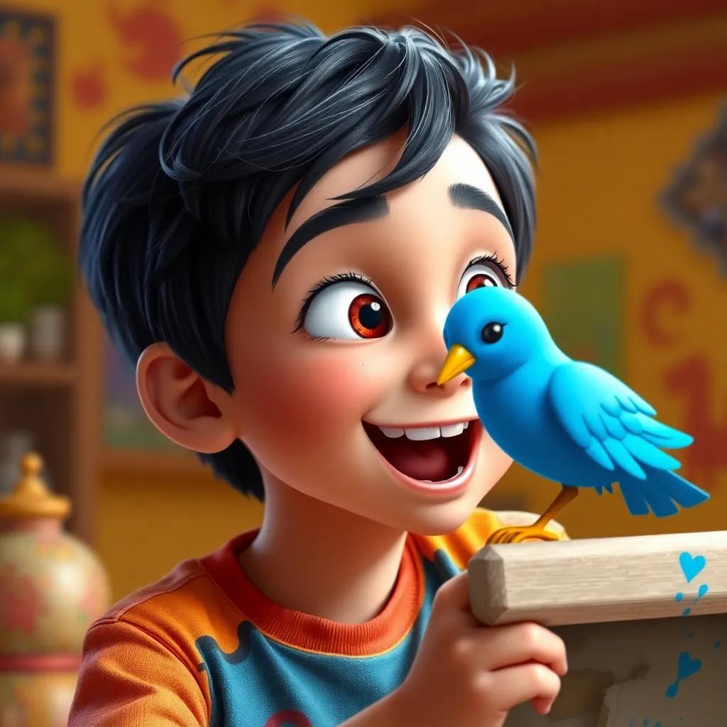 A close-up of a child named Yusuf, with dark hair, wearing a bright shirt, joyfully painting a bright blue bird, animated background, expressive colors, uplifting energy, detailed illustration, high quality