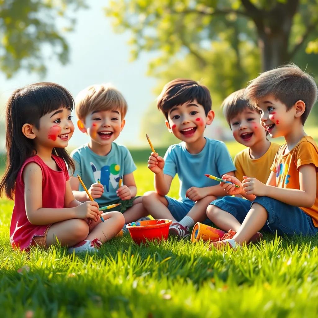 Children sharing ideas while painting, sitting on the grass, with colors on their faces and hands, a warm afternoon light, children smiling and laughing, vivid colors, friendly atmosphere, rich detail, high quality