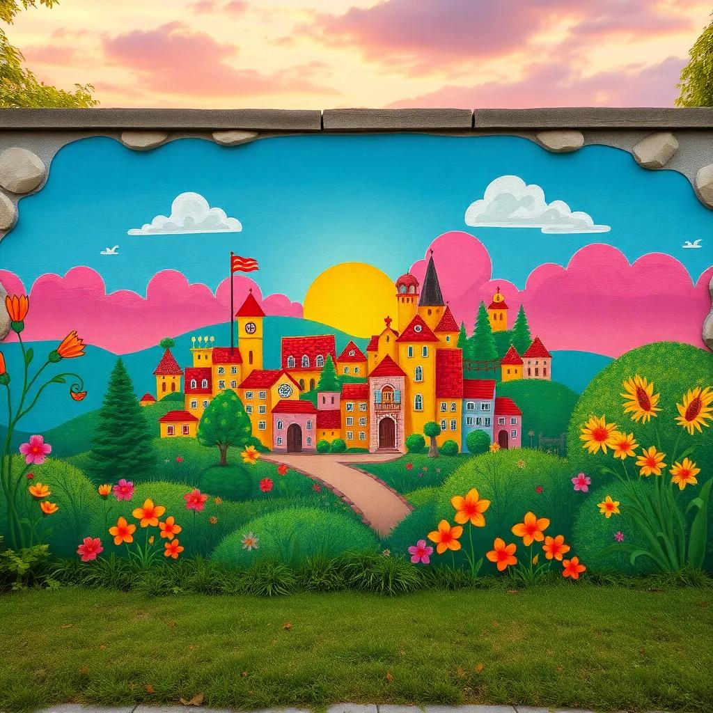 The finished wall painted by children, showcasing a colorful village skyline with happy elements, surrounded by greenery and flowers, warm sunset light, vibrant colors, artistic scene, high quality