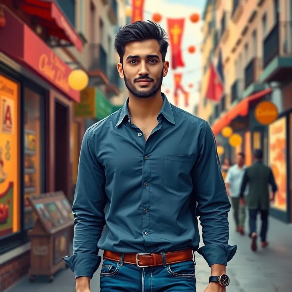 A man named Sami, an ambitious person with short black hair, wearing a smart casual shirt and jeans, walking down a lively street with a determined look, digital art, bright colors, inspiring atmosphere, high quality