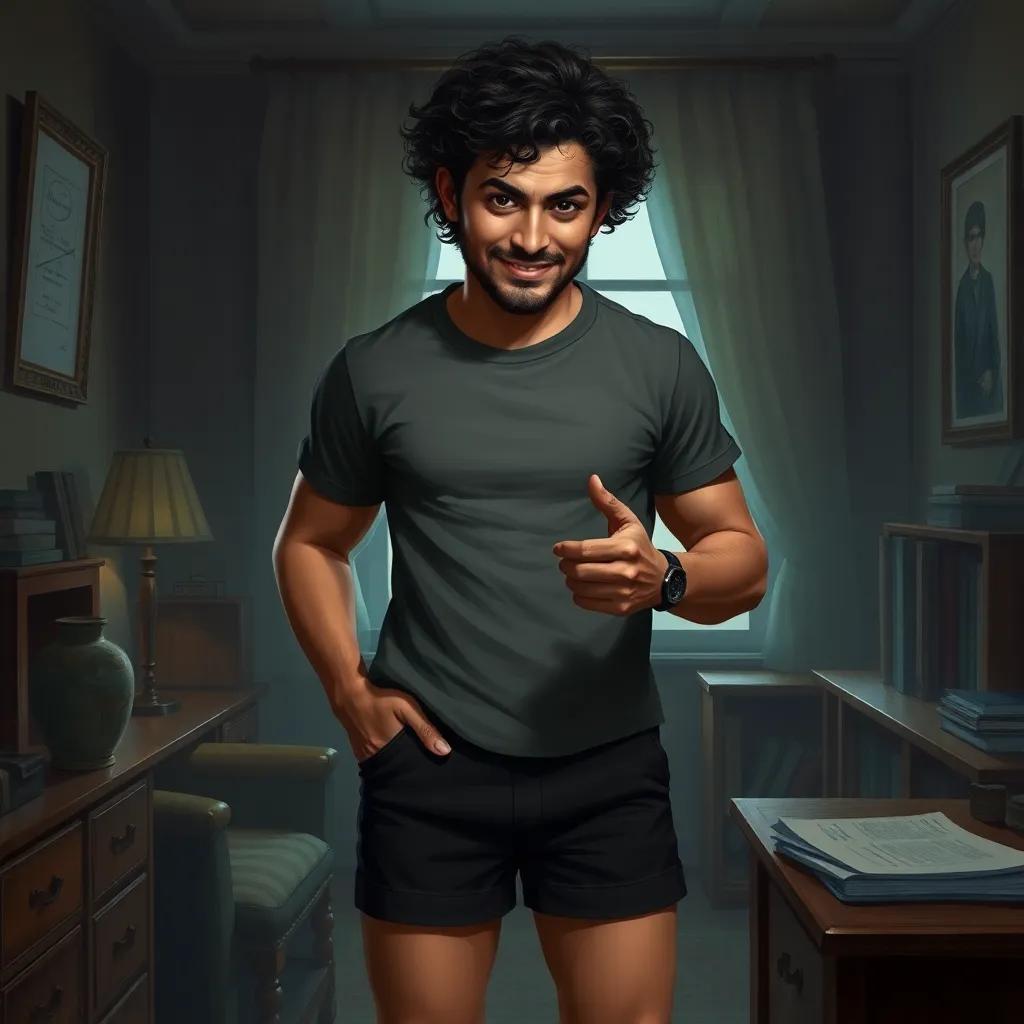 A not-so-trustworthy man named Khaled, with curly hair, dressed in a casual t-shirt and shorts, secretly planning with a sly smile in a cozy office, digital art, dark tones, sneaky vibe, high quality