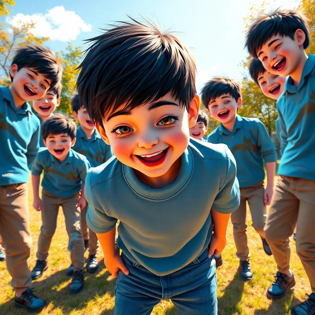 A young boy named Ala, with short black hair, wearing a blue shirt and jeans, surrounded by multiple copies of himself, all laughing and playing together in a park, bright sunny day, vibrant and cheerful atmosphere, digital art, high quality, engaging perspective