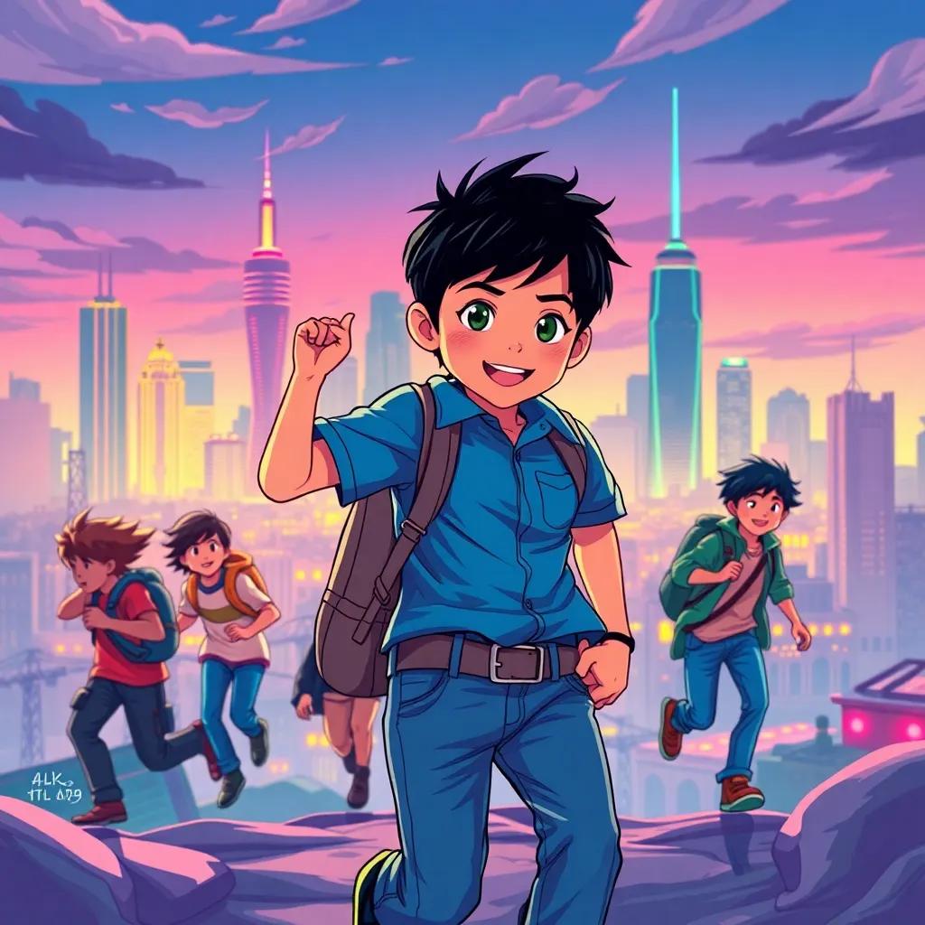 Ala, a young boy with short black hair wearing a blue shirt and jeans, leading his copies in a grand adventure, a city skyline in the background, showcasing excitement and determination, colorful, adventure-filled, child-friendly, detailed illustration