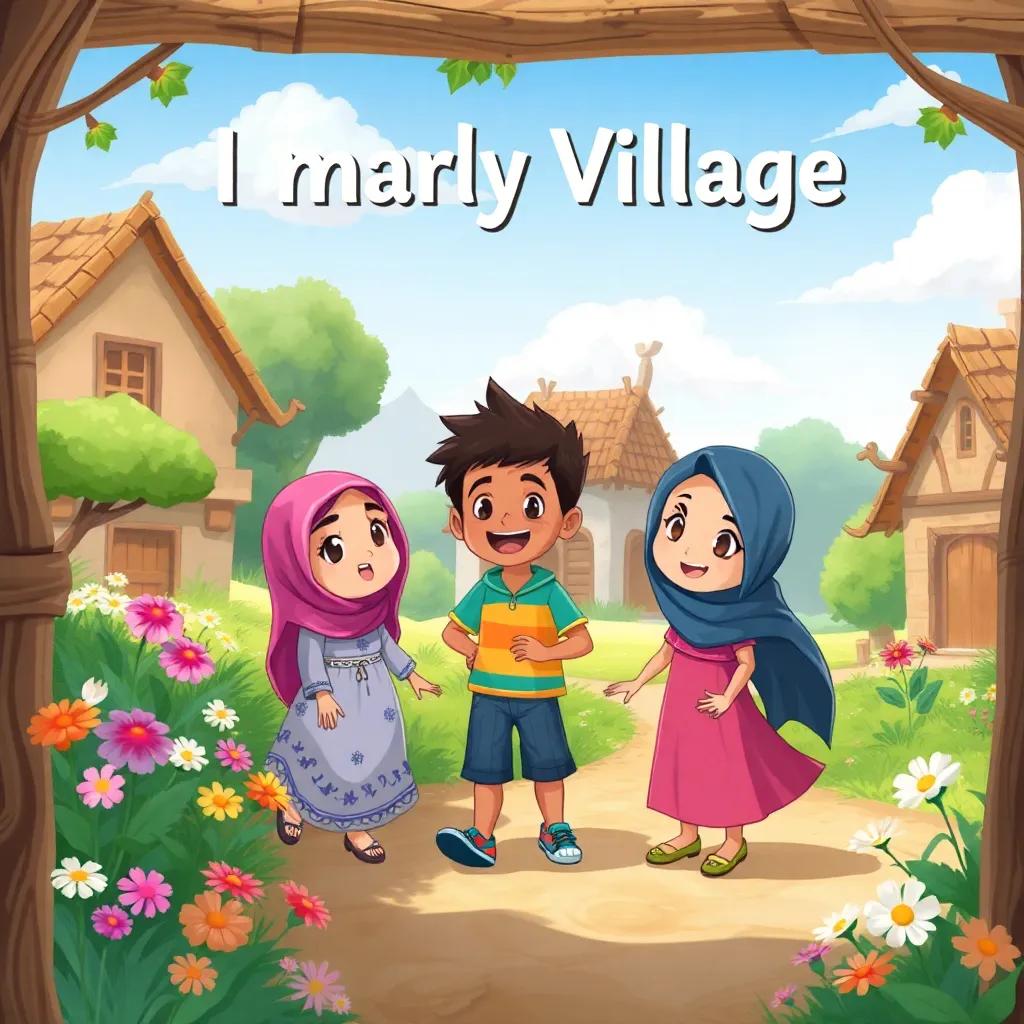 In a small village, three friends, Leila, Omar, and Sarah, are playing together, surrounded by flowers and trees, cheerful and lively atmosphere, digital art, vibrant colors, child-friendly, high quality