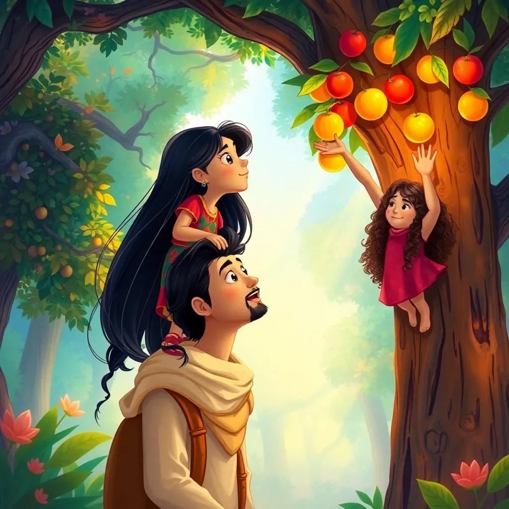 Leila, a young Arab girl, with long black hair, wearing a colorful dress, standing on Omar's shoulders, while Sarah, a young Arab girl with curly hair, stretches to reach fruits in a tall tree, bright and magical forest background, vivid colors, exciting scene, digital illustration, warm light