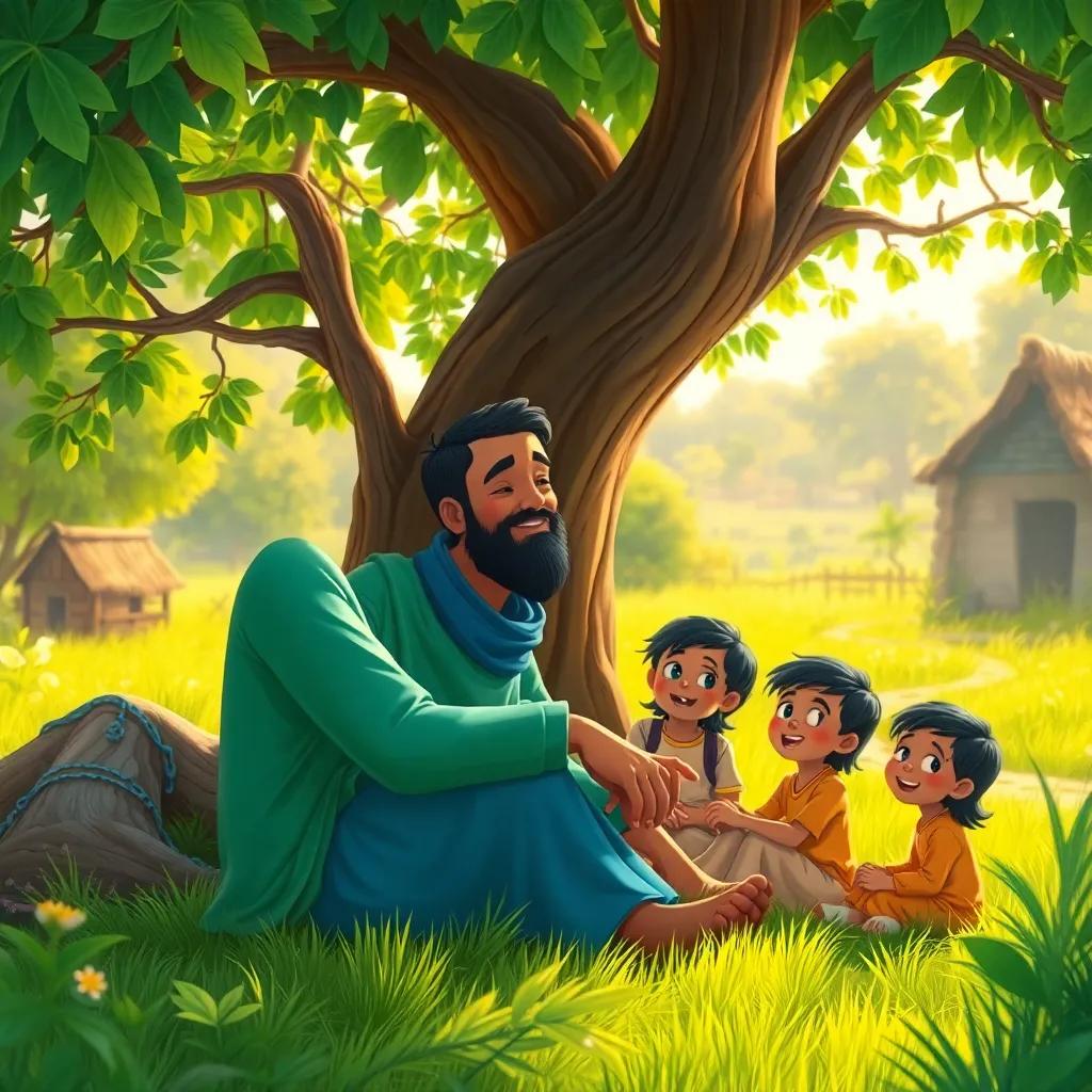 A loving father, Yusuf, sitting under a tree in a small village, teaching his children about confidence, with his kids watching him attentively, vibrant greenery, illustration, warm light, joyful atmosphere, high quality