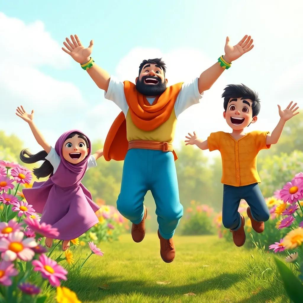Yusuf celebrating with his children, Leila, Sami, and Rashid, in a garden, during a jumping competition, everyone excited, colorful flowers, bright sky, playful mood, digital art, imaginative, fun