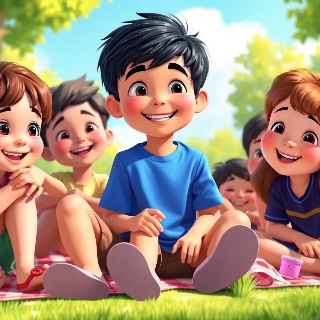 Several children including Ali, with short black hair in a blue shirt, sitting together on a picnic blanket, smiling and creating fun sentences, vibrant colors, sunny day, cheerful atmosphere, friendly setting