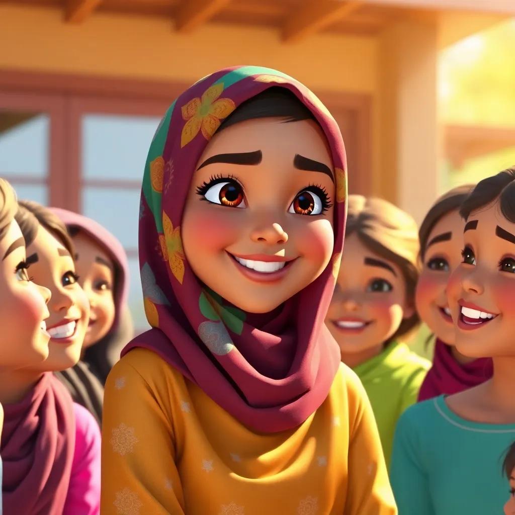 Fatima, a girl wearing a colorful hijab, speaking to her friends with a confident smile, surrounded by happy girls listening attentively, bright and sunny day, warm light, vibrant colors, positive imagery