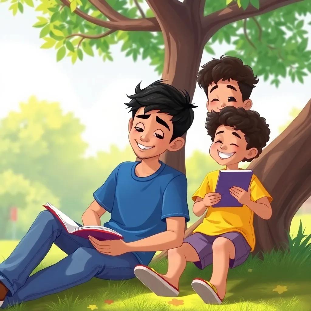 Sami, a young Arab boy, with short black hair in a blue t-shirt and jeans, writing passionately in his notebook while sitting under the tree, with Ali, a young Arab boy with curly hair, wearing a yellow t-shirt and shorts, smiling and holding his own notebook, bringing a joyful vibe to the scene, colorful, cheerful ambience, illustration