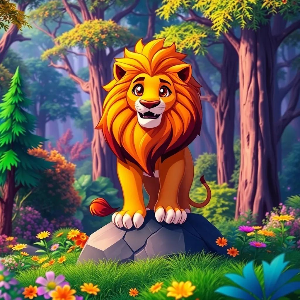 A brave lion, Shahab, with a golden mane, standing confidently on a rock in a beautiful forest, surrounded by lush trees and colorful flowers, digital art, vibrant colors, cheerful atmosphere, hd quality