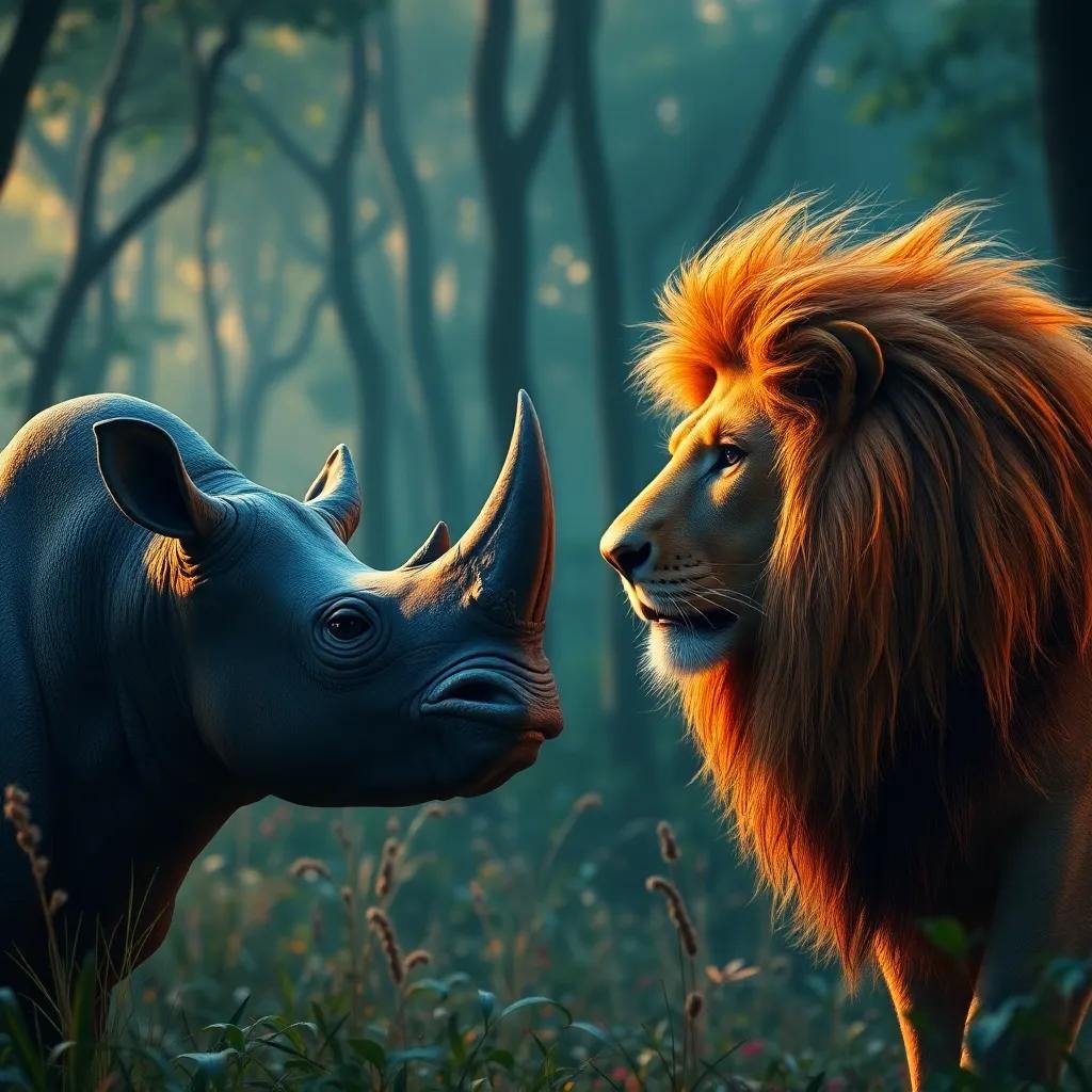 A wise lion, Shahab, with a golden mane, calmly talking to a scared rhinoceros in the forest, showing a vivid expression of calmness, natural light, warm colors, storytelling view, hd quality