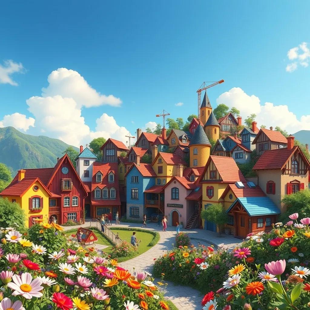 A colorful village with many words living together, a beautiful scenery with blooming flowers and clear blue sky, digital art, vibrant colors, joyful atmosphere, high quality