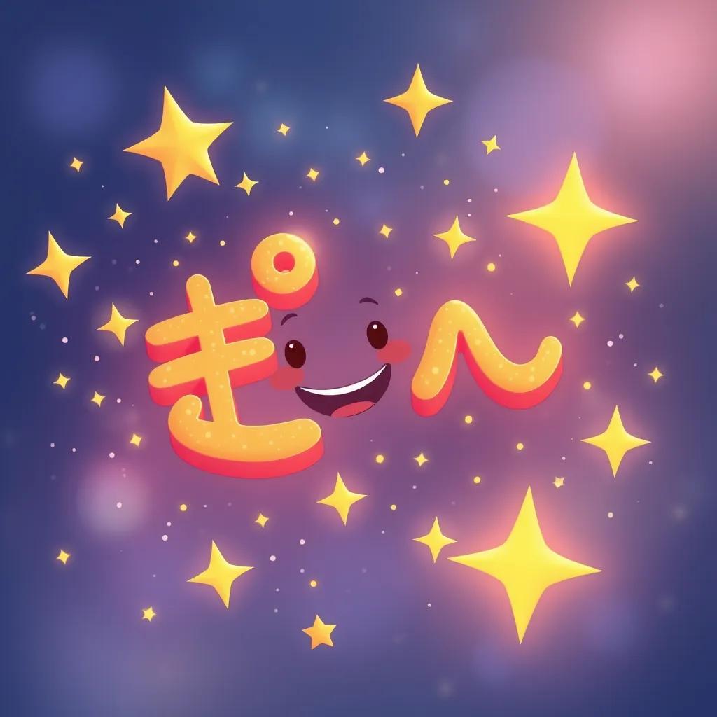 The magical word 'النعت' with a radiant smile, flying in the air surrounded by sparkling stars, illustration, cheerful, fantasy theme, bright colors