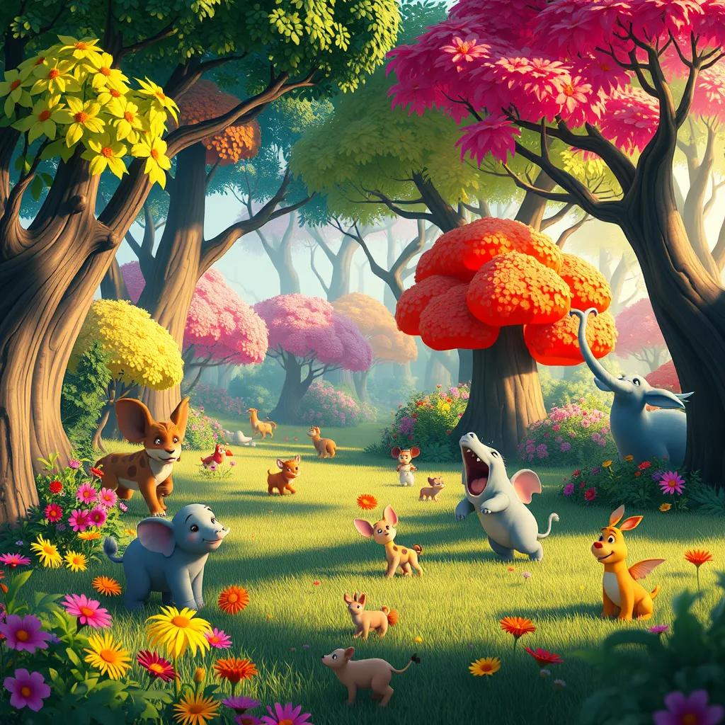 A lush forest with various animals playing, colorful trees and flowers, 'النعت' describing an elephant as 'الكبير', lively digital painting, warm light, friendly mood