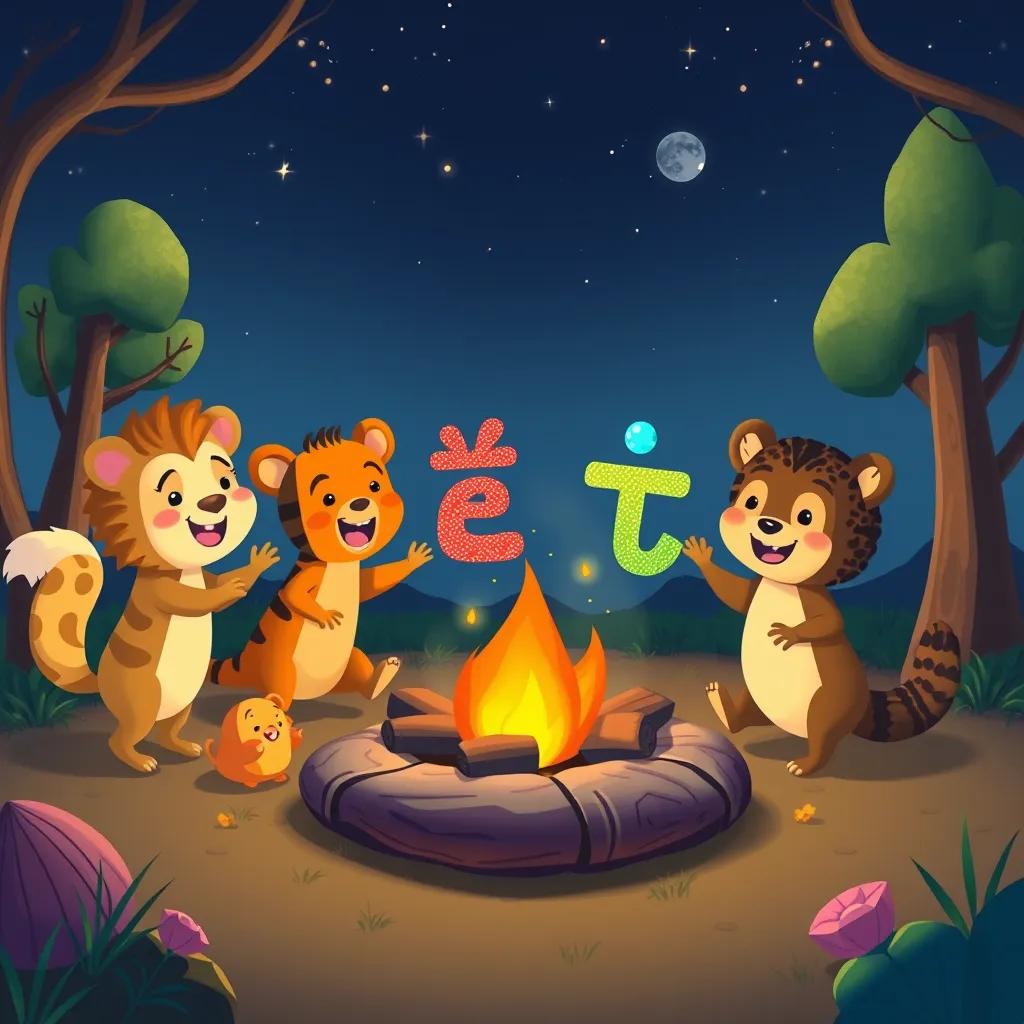 Happy animals creating their own sentences, dancing and playing around a campfire, 'النعت' and 'الاسم' joining in with colorful words, joyful and dynamic, storytelling