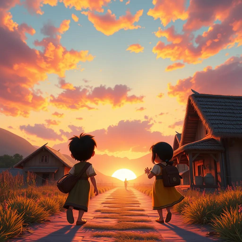 'النعت' and 'الاسم' returning to the village at sunset, greeted by happy words, colorful sky and warm light reflecting their joy, heartwarming scene, rich colors, uplifting imagery