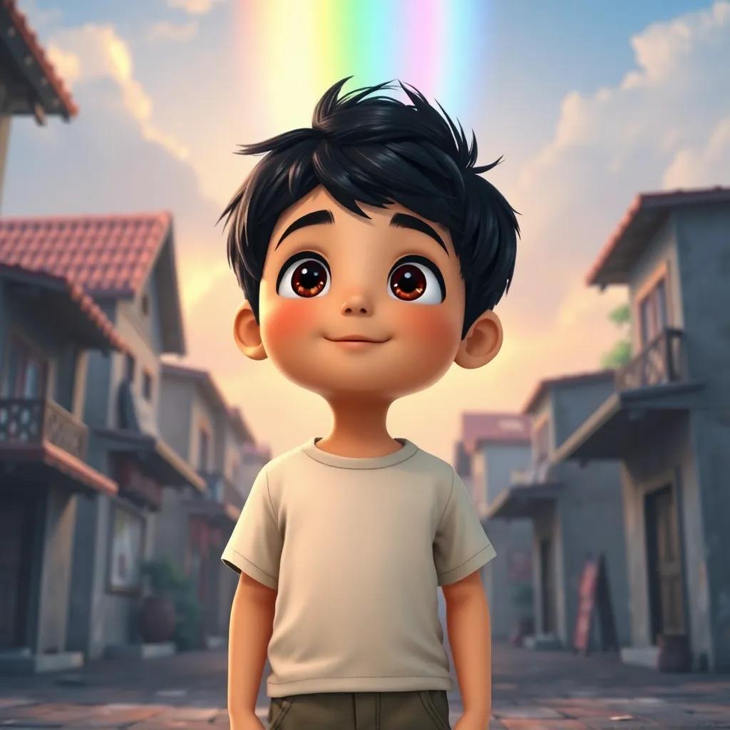 A young boy, Sami, with short black hair, wearing a simple t-shirt and shorts, standing in a gray village, looking up at a bright rainbow in the sky, digital art, colorful, joyful atmosphere, high quality